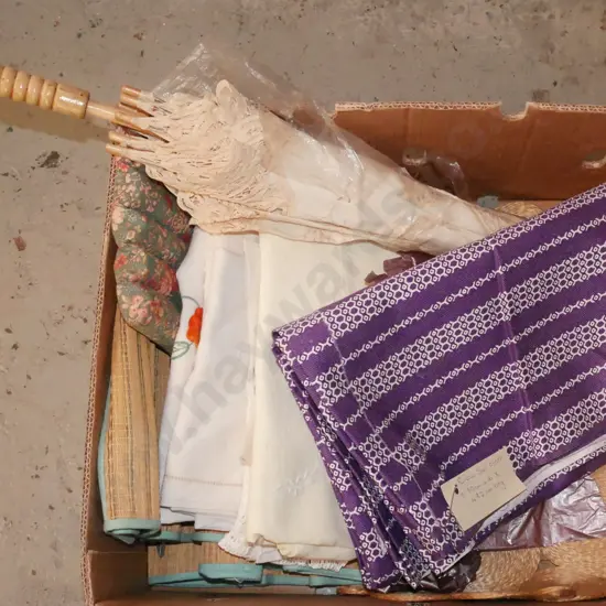 box; parasol, retro fabric (purple sail cloth), hand worked linen etc