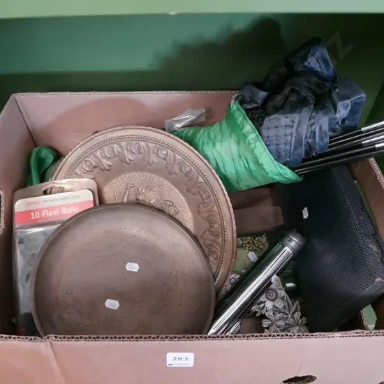 box; vintage torch, pressed brass wall chargers, gardener's mini dome cover etc