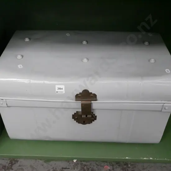 small grey painted vintage tin trunk 
