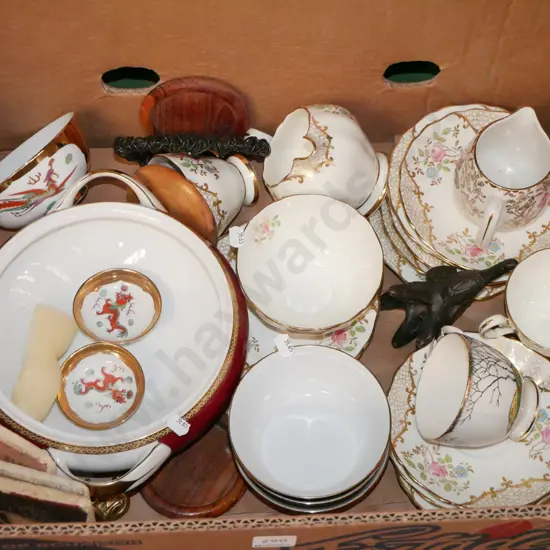 box; creamer, cups, coasters etc