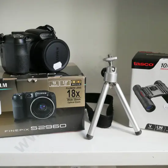 binoculars, Fuji digital camera, small tripod