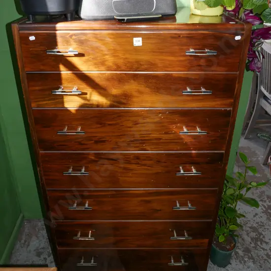 dark stained rimu 7 drawer tallboy- varnish needs attention  H-1300 W-725 D-380