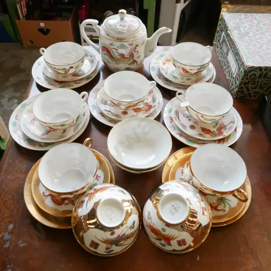 Chinese tea set; pot, cups, saucers, bowls - some mismatched