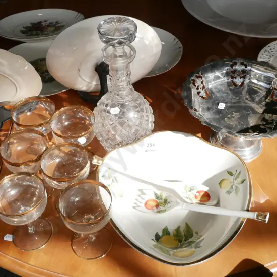 salad bowl, server, plated comport, decanter, 6x gold rimmed champagne glasses