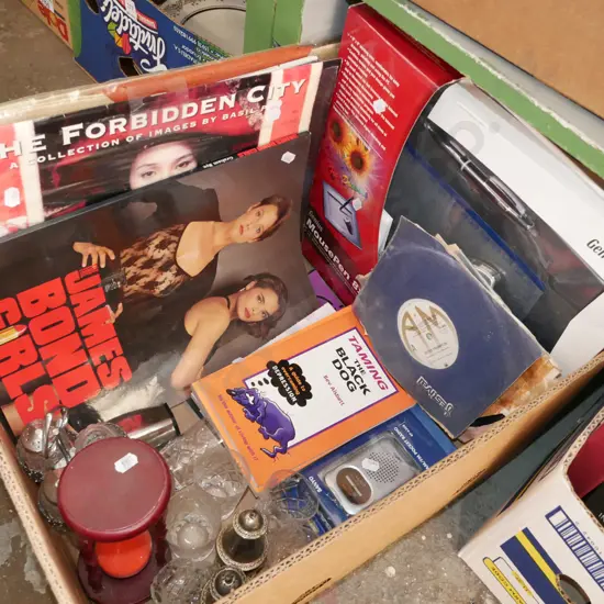 box;  calendars, books, mouse pad etc