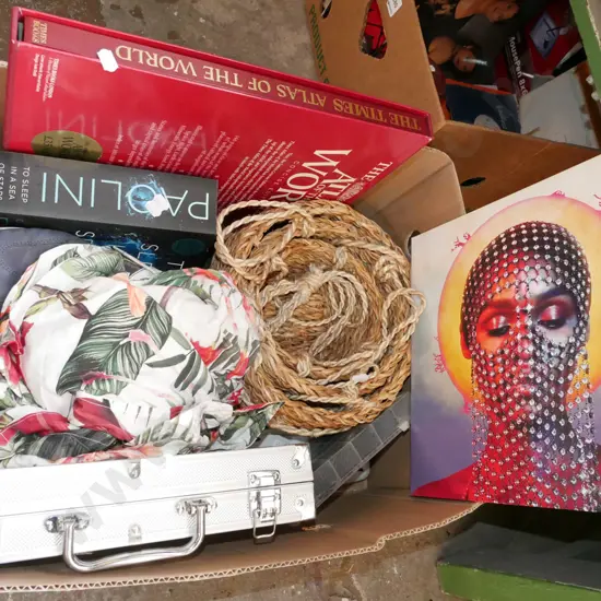 box; size 42 sneakers, shirt, cane hanging baskets, poker set etc