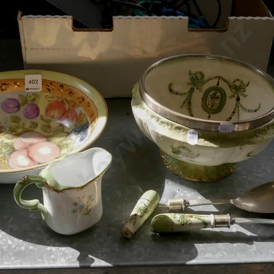 salad bowl and servers - some damage, creamer, hand painted bowl