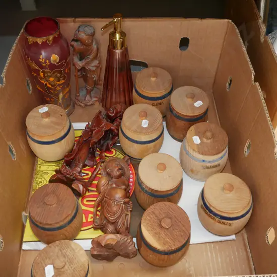 box; wooden storage canisters, hand painted vase etc