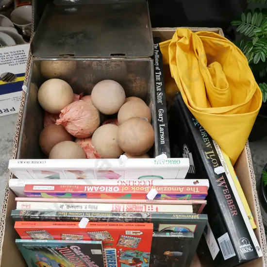 box; books, wooden balls, biscuit tin etc