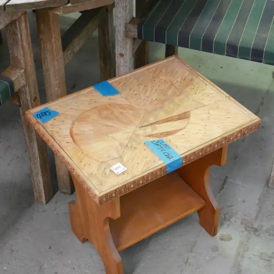 small end table with glass over matchstick art