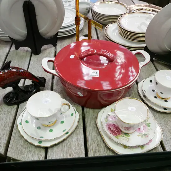 ceramic casserole, 3x trios, Blue Mountain dolphin