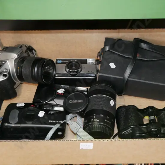 box; Canon EOS 500n 35mm SLR film camera, 2 lenses, Pentax and Kodak film cameras, 8x30 binoculars