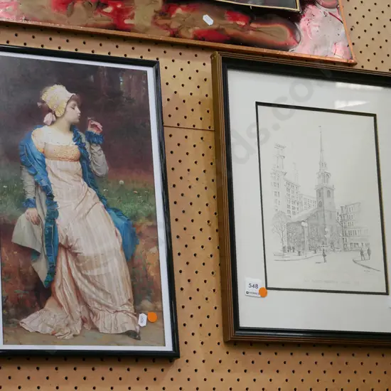 2x framed prints - meeting house, female portrait - orange dots