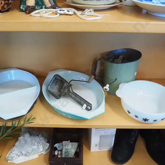 shelf; flour sifter, mouli, 3x retro pyrex glass dishes