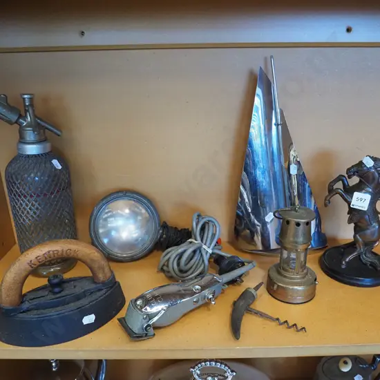 shelf; soda syphon, sad iron, chrome yacht etc