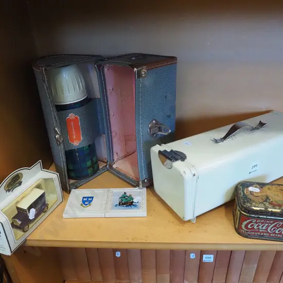 shelf; vintage thermos, small bread bin etc