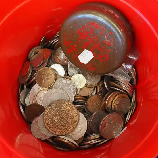 plastic pail of coins