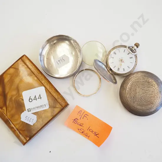 engraved silver pill box, card holder, small fob watch - face is loose