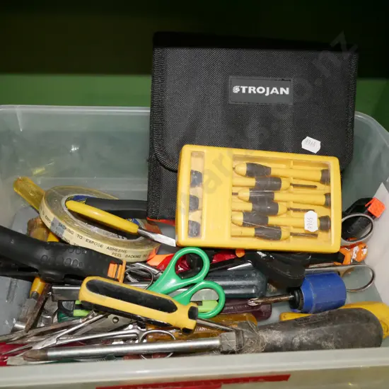 plastic tub of tools; screwdrivers, clamps, pliers etc