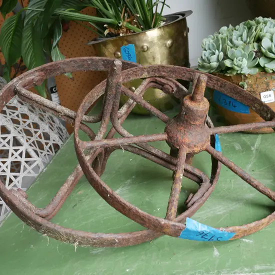 2x vintage rusty wheelbarrow wheels