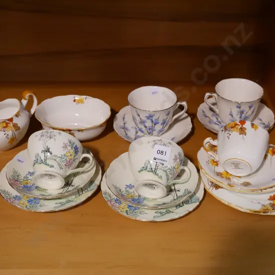cups, saucers, trios, creamer, sugar 