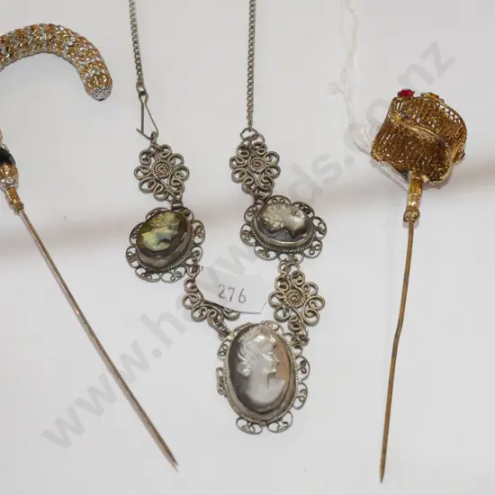 2 x hat pins & cameo themed necklace