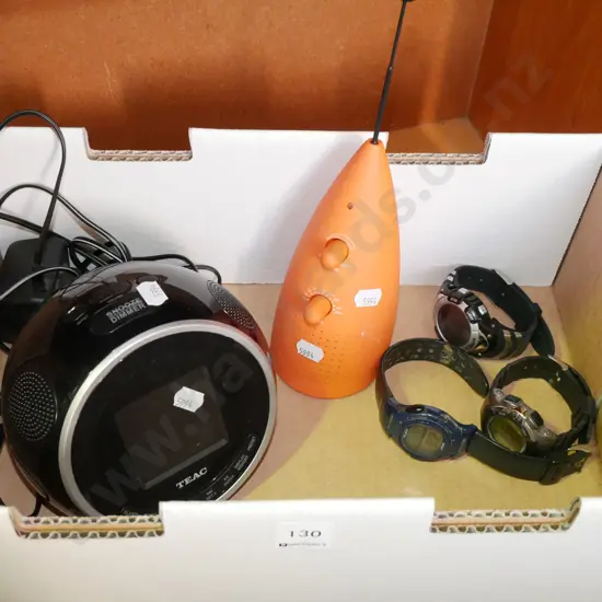 box; 3 wristwatches, bedside radio alarm clock & novelty radio