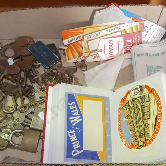 box; padlocks & keys, album of vintage hotel labels, New Zealand line razor towels etc
