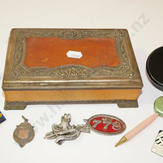 trinket box; badges, vintage telephone ear piece etc