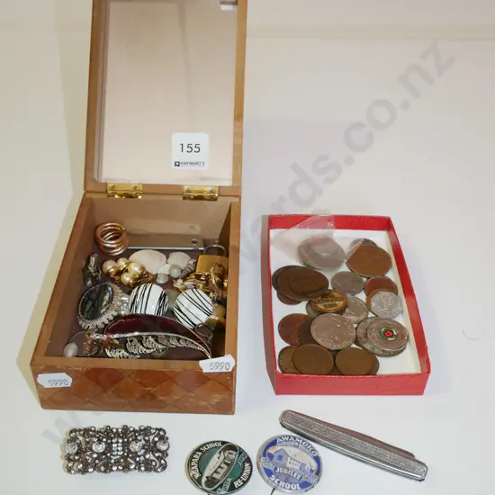 trinket box; badges, earrings, small tray of coins