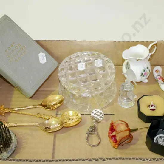 cut crystal trinket box, money box, teaspoons, cheese knife etc
