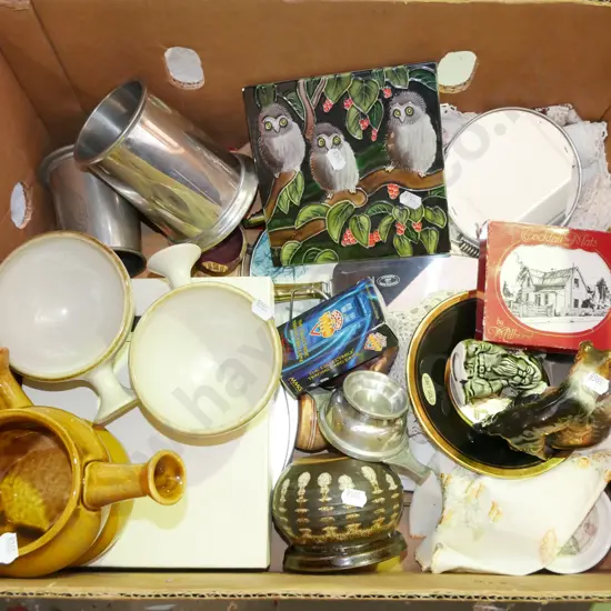 box; studio soup bowls, metal tankards, figurines etc