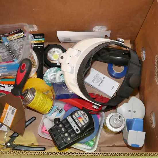 box; battery chargers, tape, key hooks, paint scraper etc