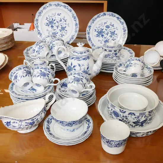 Japanese blue Chatham dinnerware items, plates, cups, saucers, teapot, etc