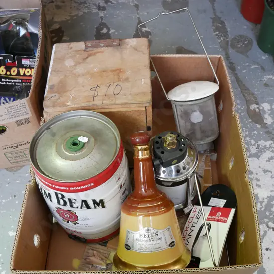 box; Bell's Old Scotch whisky decanter (light), camping lantern, Jim Beam tin, MDF box
