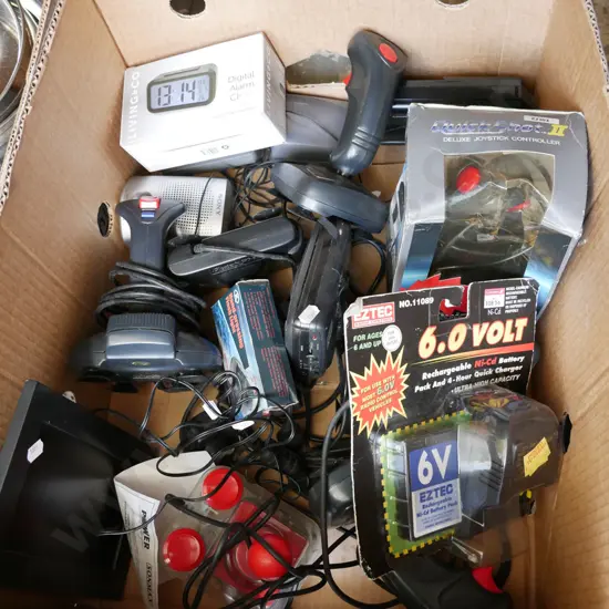 box; digital alarm clock, flash light, gaming joysticks etc