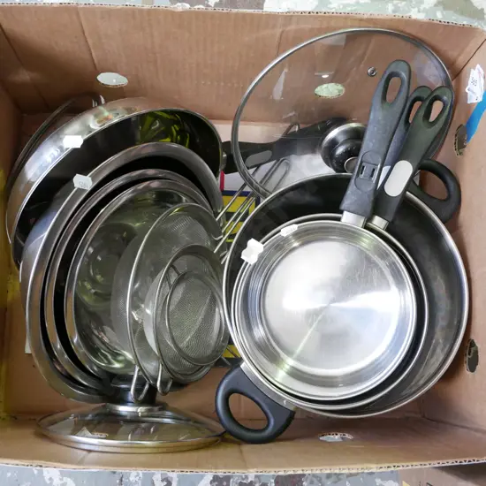 box; pots, pans, frying pan, bowls, sieve