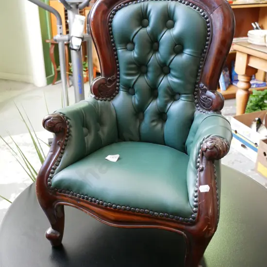 doll's wood and green vinyl deep buttoned chair H-530