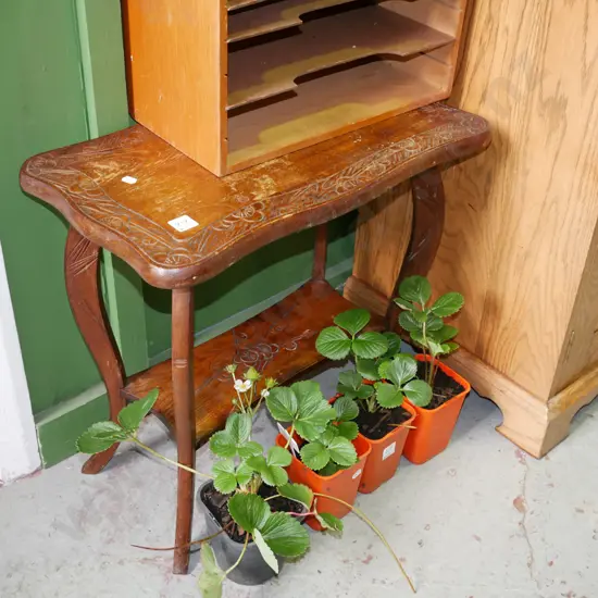 small oak 2 tier carved end table - some damage to varnish