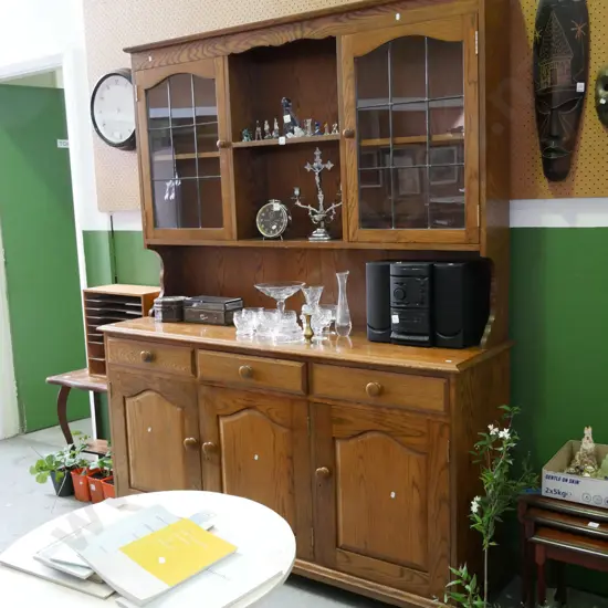 oak and solid wall unit with 3 solid doors, 3 drawers and 2 leadlight display doors