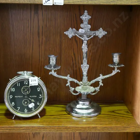 retro clockwork alarm clock, crucifix candelabra H-340