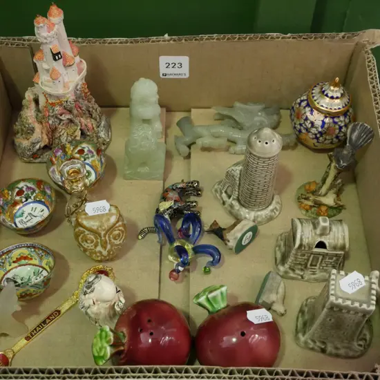 box; soap stone figurines, salt and peppers, small Asian bowls etc