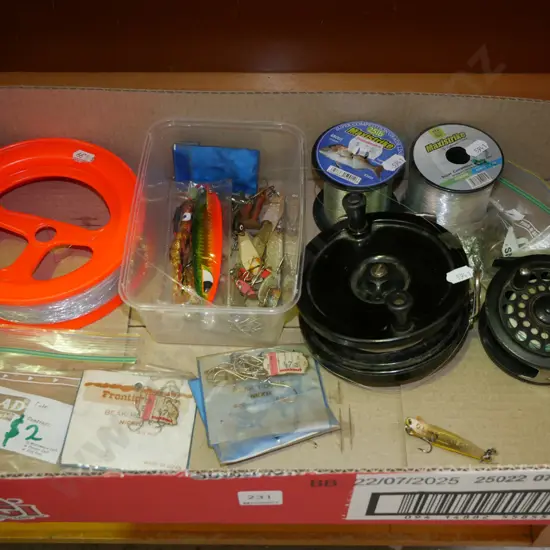 box; fishing lures, reels, line