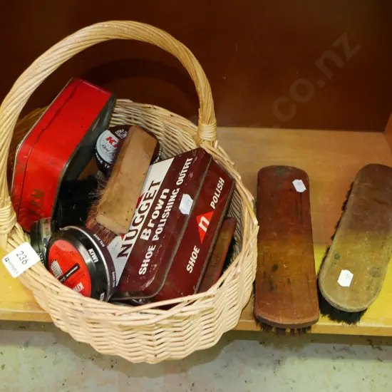 cane basket; shoe polish and brushes