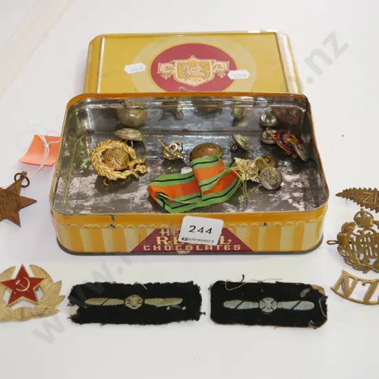 vintage tin; military badges and buttons
