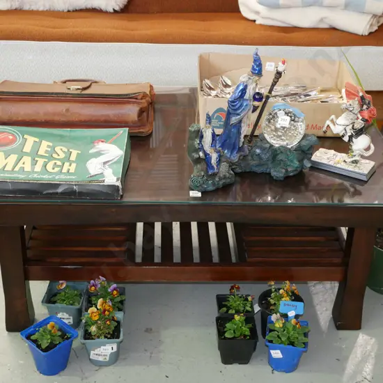 2 tier dark stained wooden coffee table with glass top H-440 W-1070 D-710