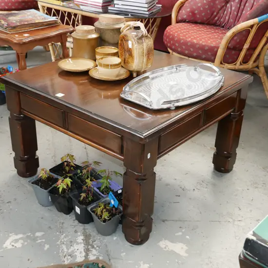dark stained wooden end table H-450 W-720 D-720
