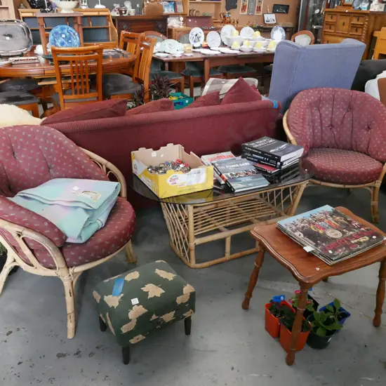 3 piece patio suite - 2x tub chairs with cushions smoked glass top coffee table