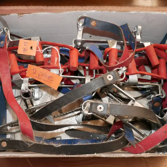 box; 2 pairs of vintage crampons