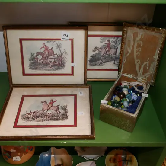 3x small framed hunting prints, box of marbles
